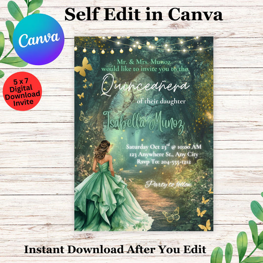 Enchanted Forest Quinceañera Party Invitation Template - Editable Quinceañera Birthday Invite in Canva