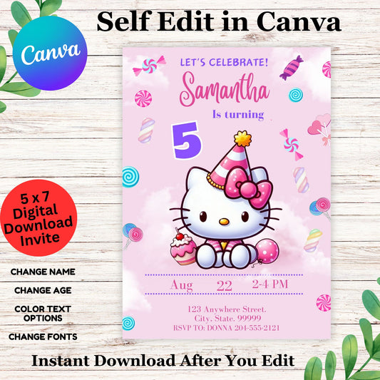 Hello Kitty Cute Pink Birthday Party Invitation Template - Hello Kitty Party Edit in Canva 