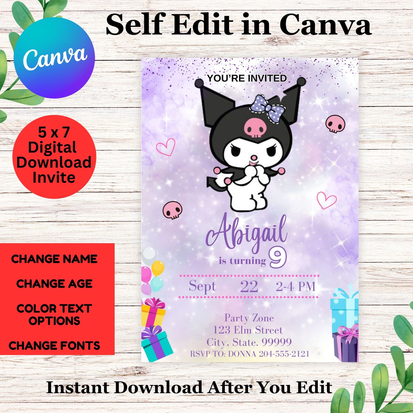 Kuromi Purple Birthday Party Invitation Template - Cute Kuromi Birthday Invite 