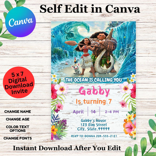 Moana Birthday Invitation Template - Cute Moana Birthday Party Invitation Editable in Canva