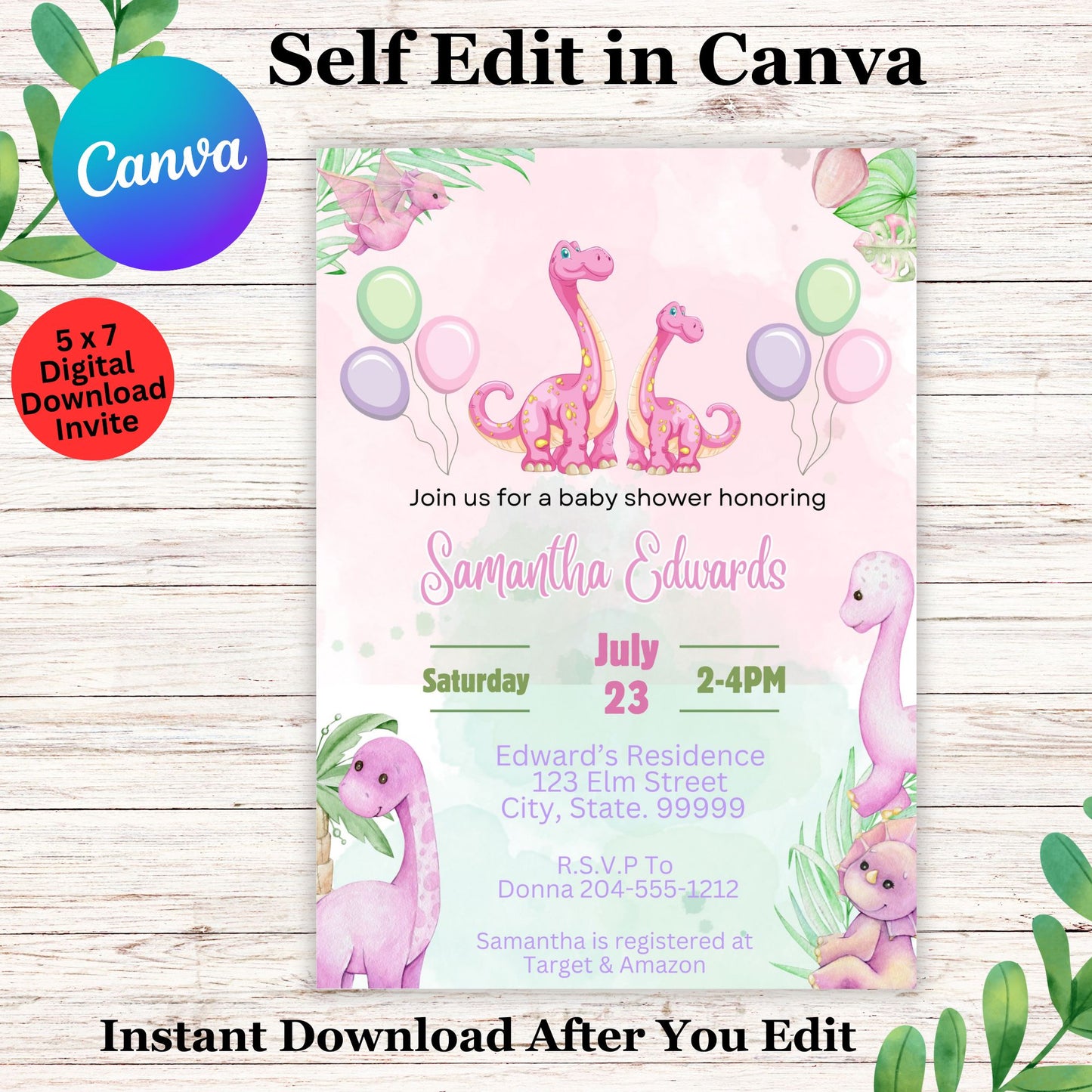 Pink Pastel Dinosaur Baby Shower Invitation Template - Editable Dinosaur Baby Shower Invite  