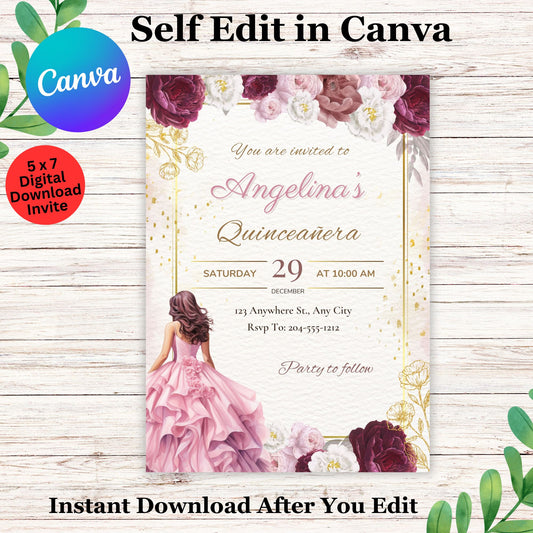 Quinceañera Personalized Party Invitation Template - Girls Quinceañera Party Invite Editable in Canva