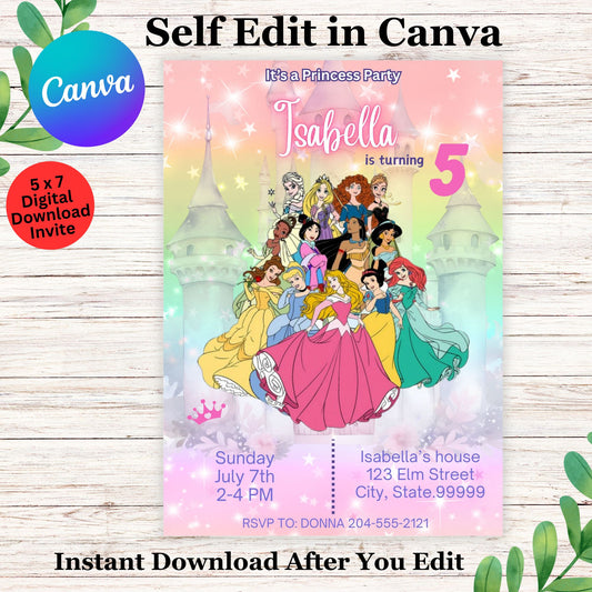 Princess Birthday Invitation Template - Editable Girls Princess Birthday Invite in Canva 