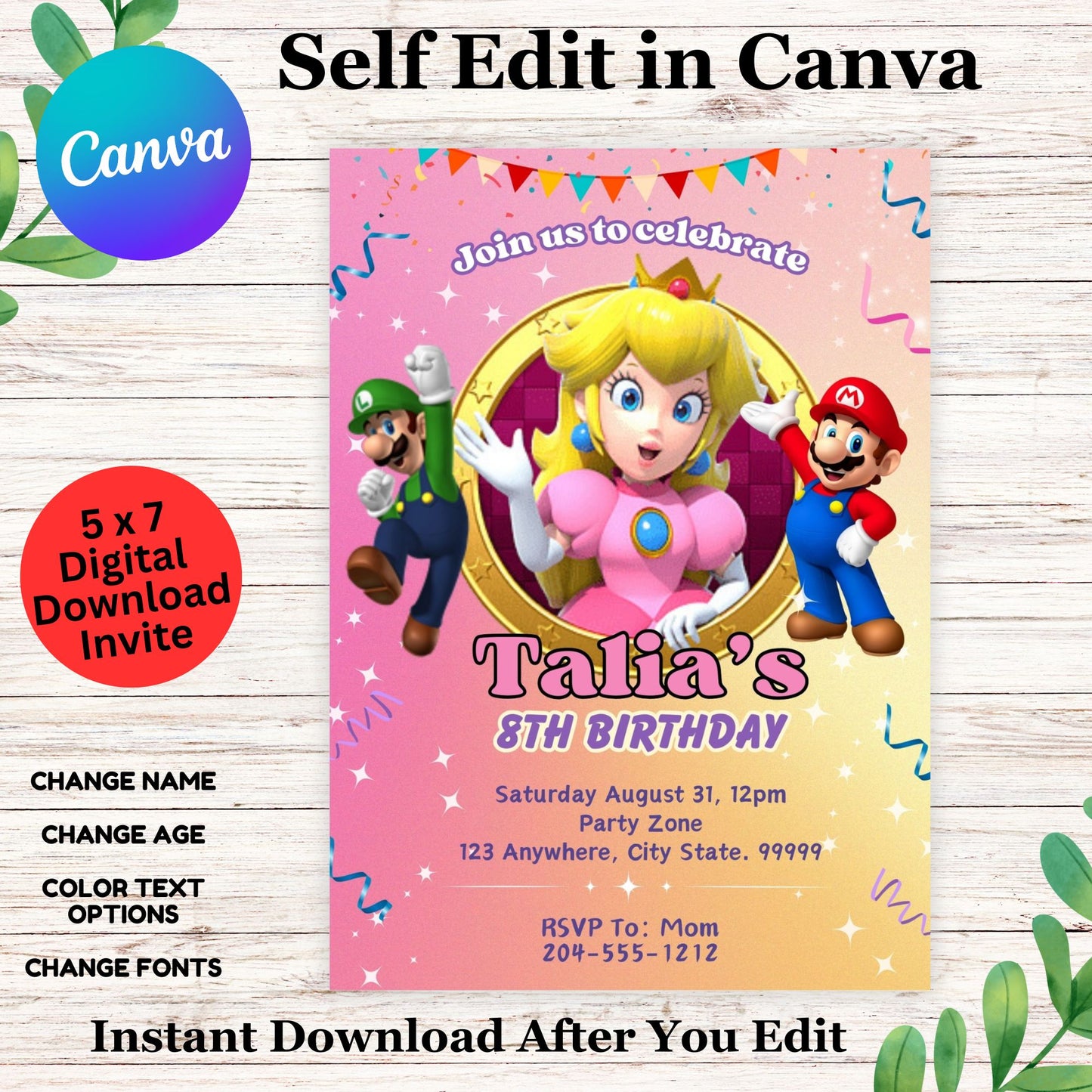 Princess Peach Super Mario Brother's Invitation Template - Printable Editable in Canva