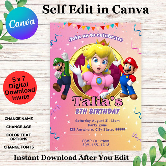 Princess Peach Super Mario Brother's Invitation Template - Printable Editable in Canva