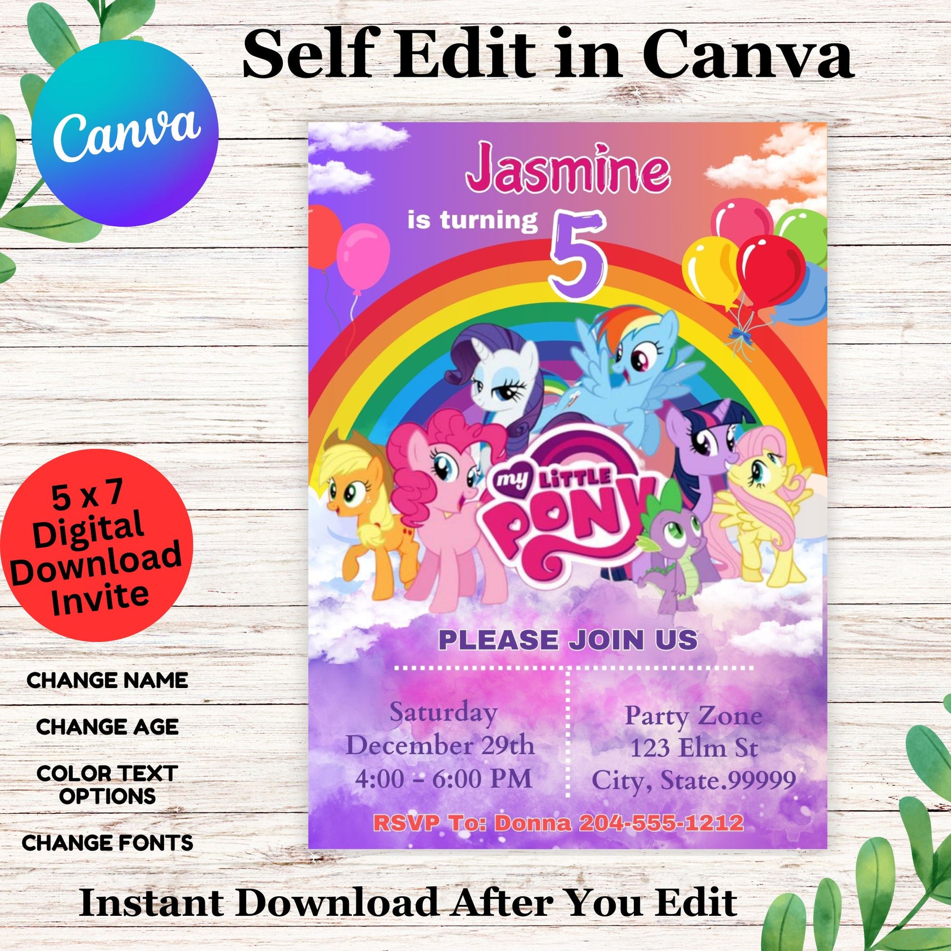 My Little Pony Personalized Invitation Template - Printable Rainbow My Little Pony Editable in Canva