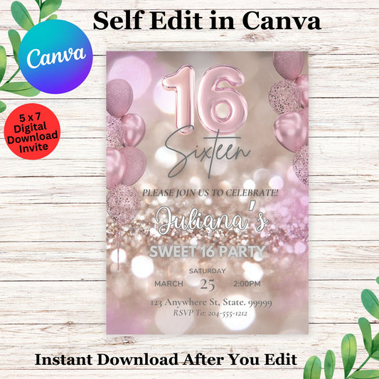 Rose Gold Sweet 16 Birthday Invitation Template - Editable Sweet 16 Birthday Party Invite