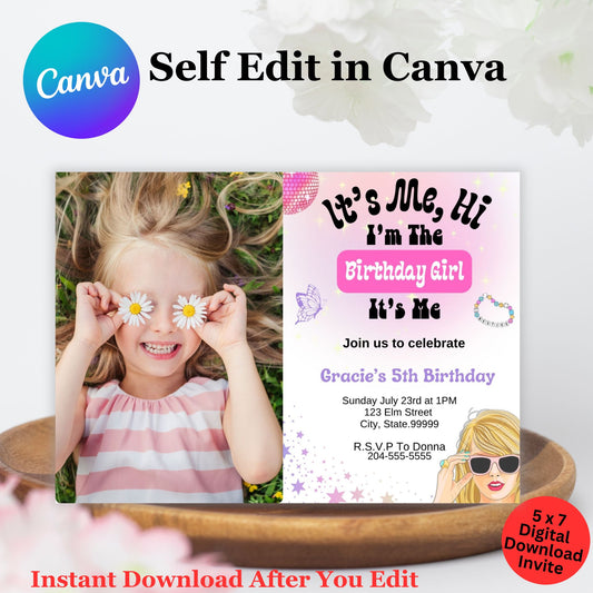 Taylor Swift Personalized Birthday Invitation Template - Swiftie Birthday Photo Invite Editable 