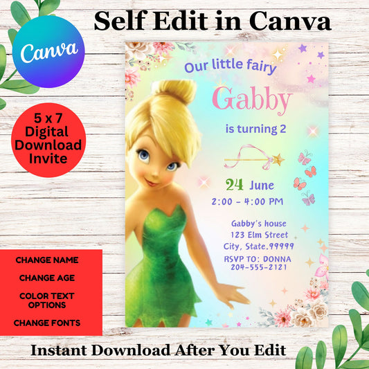 Tinkerbell Birthday Invitation Template - Cute Fairy Birthday Party Invitation - Canva Template  