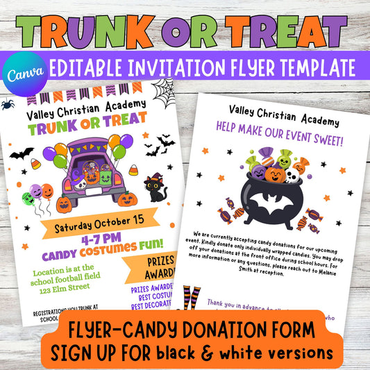Trunk or Treat Editable Flyer Invitation - Halloween Candy Donation Forms In Canva  