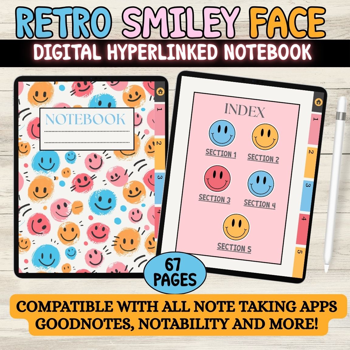 Groovy Retro Smiley Digital Notebook for Kids | Interactive Daily Planner & Journal for Goodnotes, Notability, & More