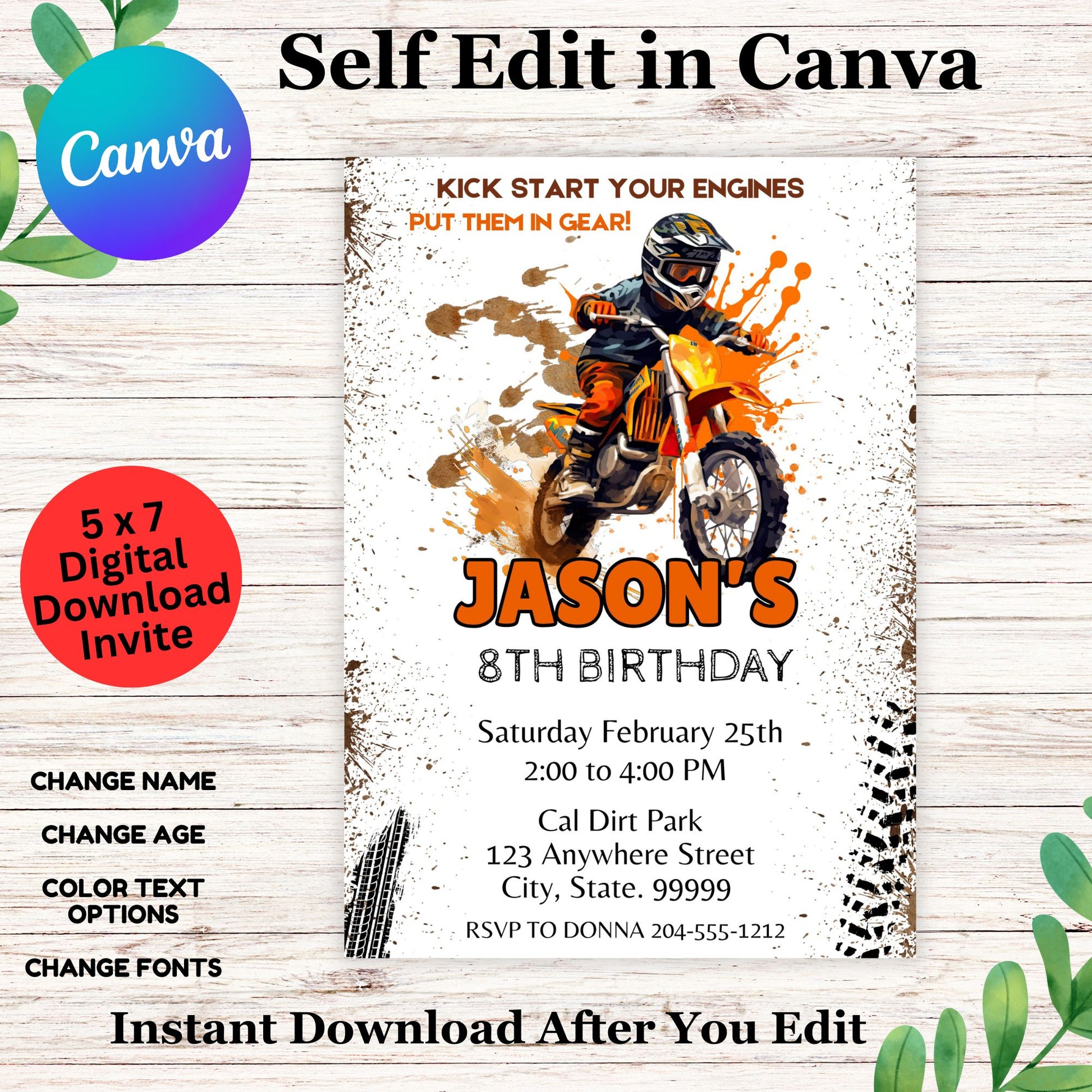 Dirt Bike Birthday Invitation Template- Kids Dirt Bike Invite Template Editable in Canva 