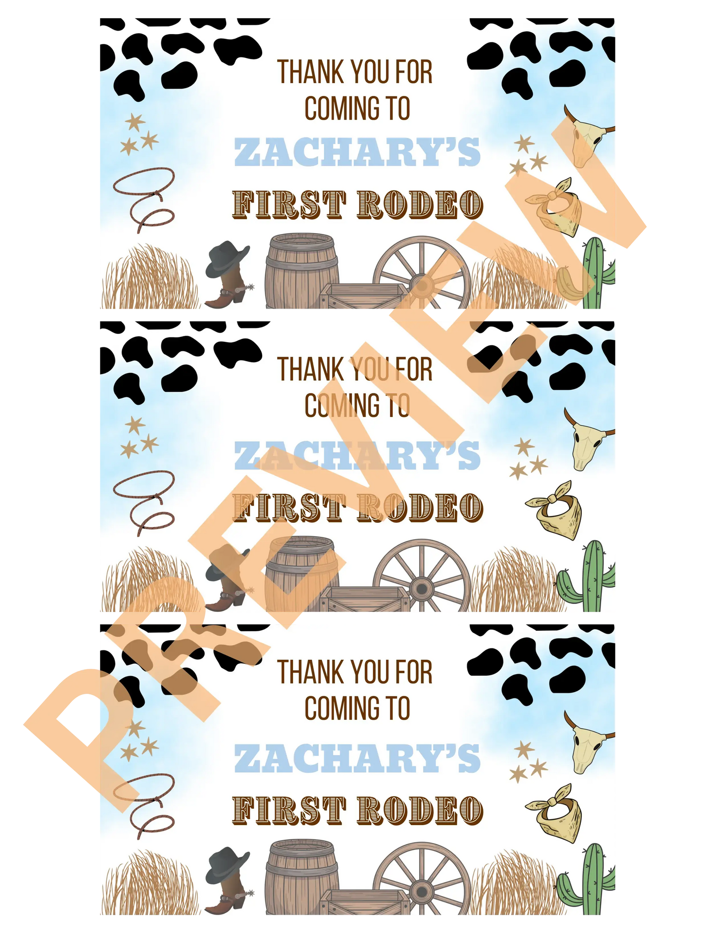 Invitation card for a first rodeo themed event with cowboy elements on a white background.