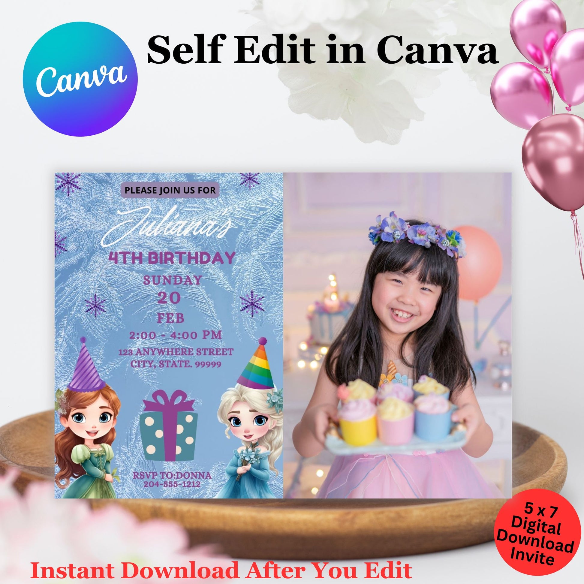 Editable Frozen Photo Birthday Invitation Template | Elsa & Anna Canva Digital Download with Picture | Winter Princess Party Invite 