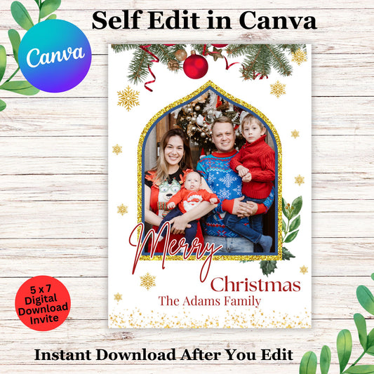 Custom Christmas Photo Card with Family Name- Editable Christmas Card 