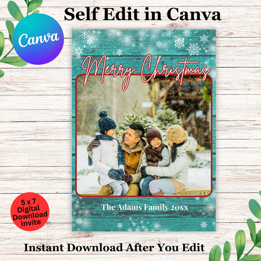 Cute Rustic Christmas Photo Greeting Card Template - Editable Family Holiday Card