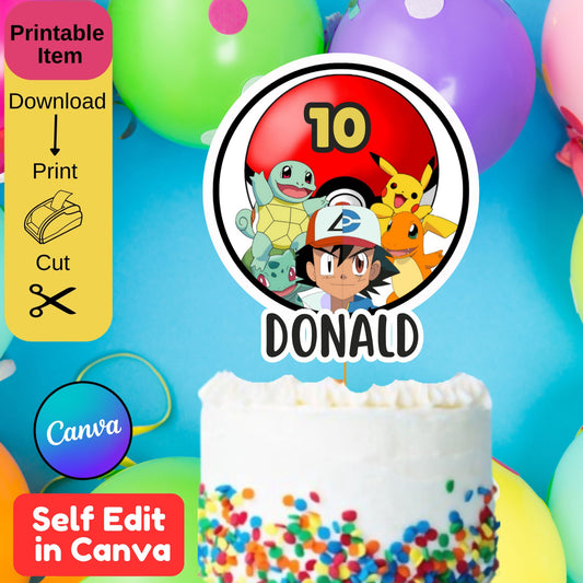 Pokemon Birthday Cake Topper Template - Printable Pokemon Cake Topper Editable in Canva