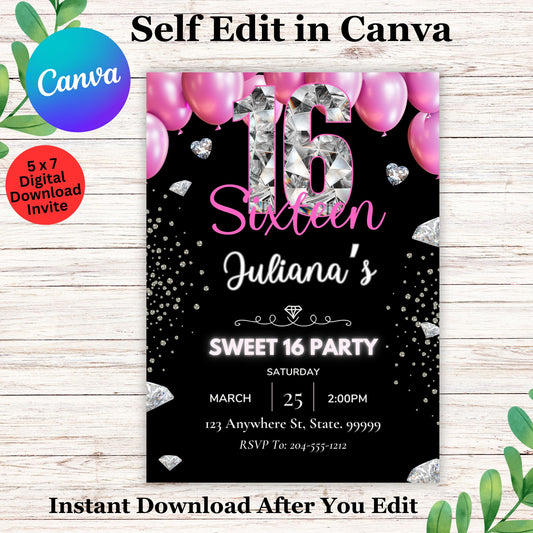 Black Pink and Diamond Sweet 16 Birthday Invitation Template - Editable Sweet 16 Invite Template 
