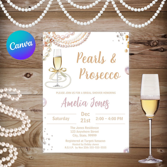 Pearls and Prosecco Bridal Shower Invitation Template - Editable Champaign Bridal Shower Invite  
