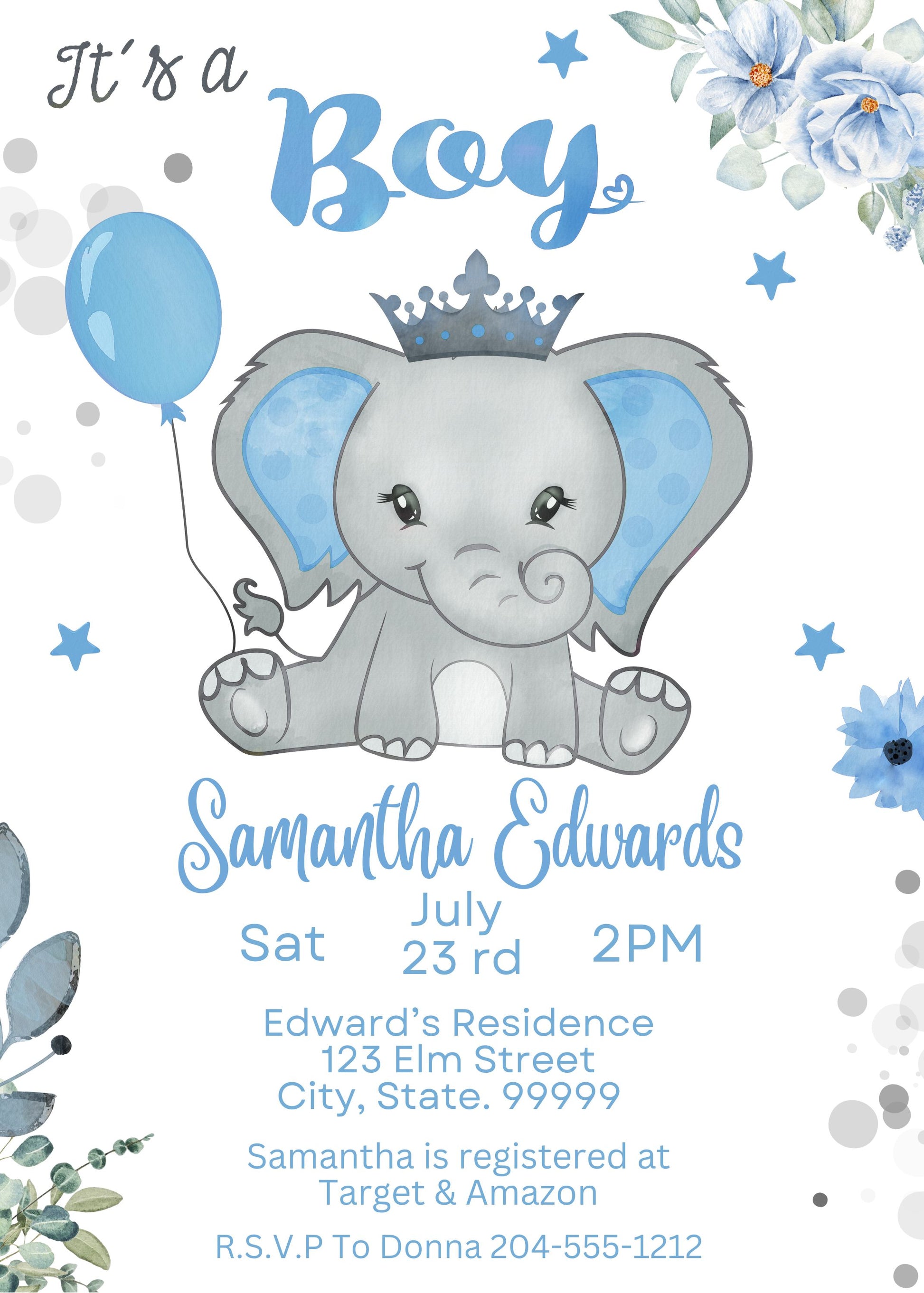 boys blue elephant baby shower invitation