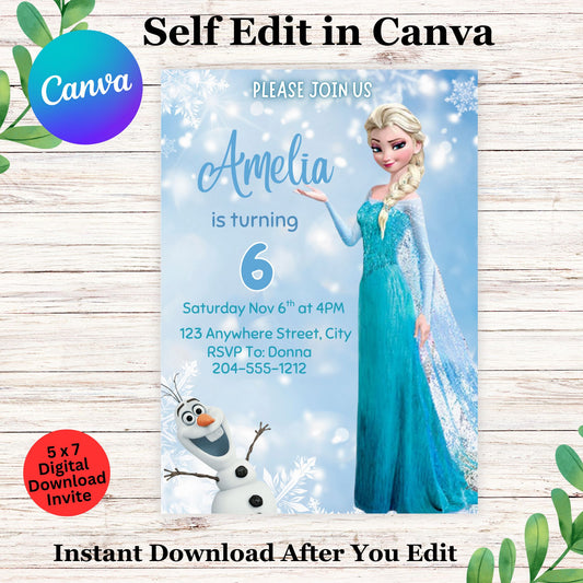 Printable Frozen Elsa Olaf Invite |Winter Wonderland Invite| Instant Download Canva Template 