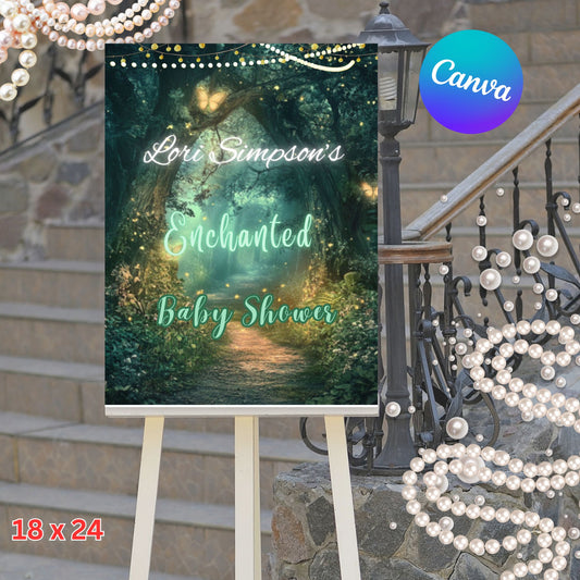 Cute Enchanted Forest Baby Shower Welcome Poster - Editable Enchanted Forest Baby Shower Sign