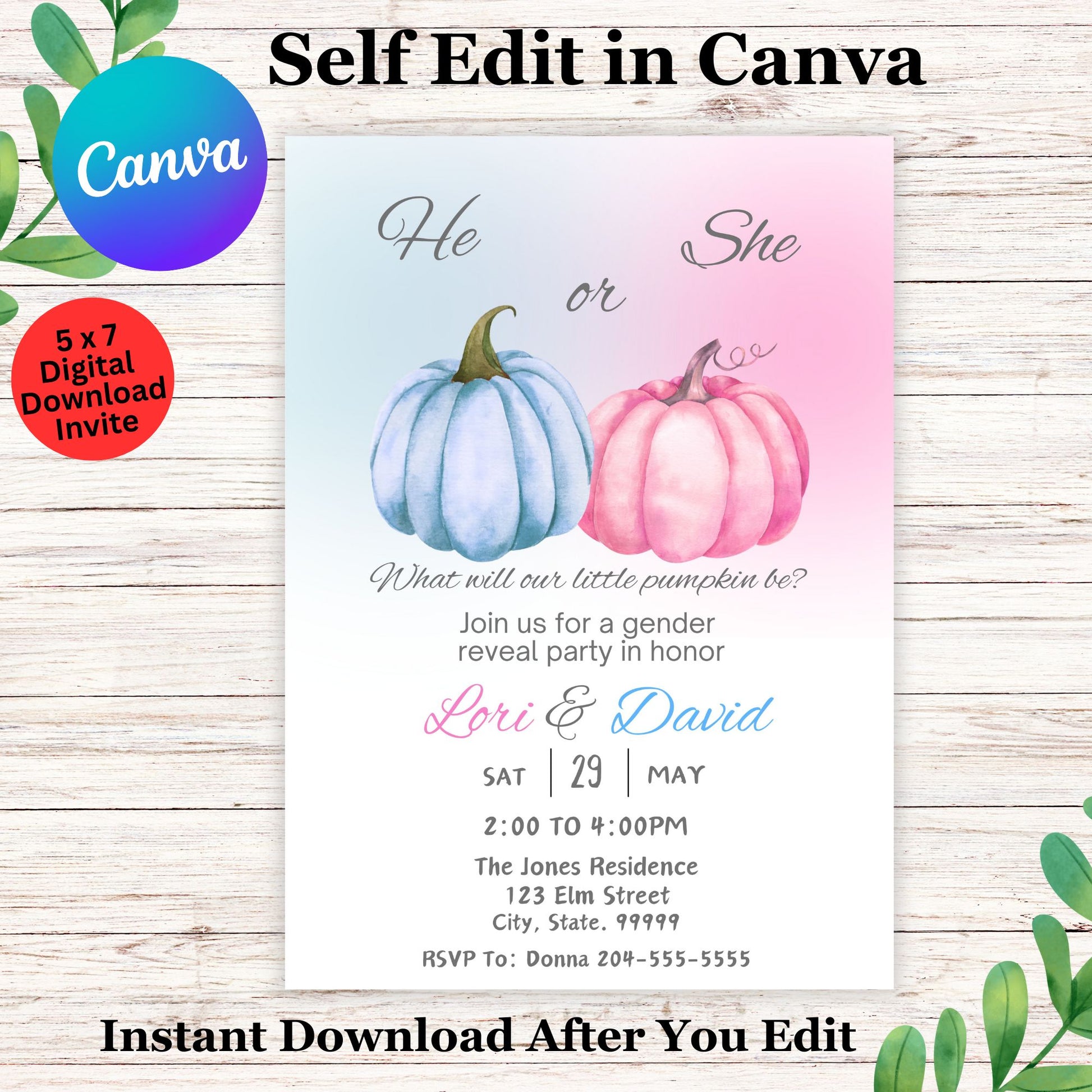 Pumpkin He or She Gender Reveal Invitation Template - Editable Fall Invite Template in Canva