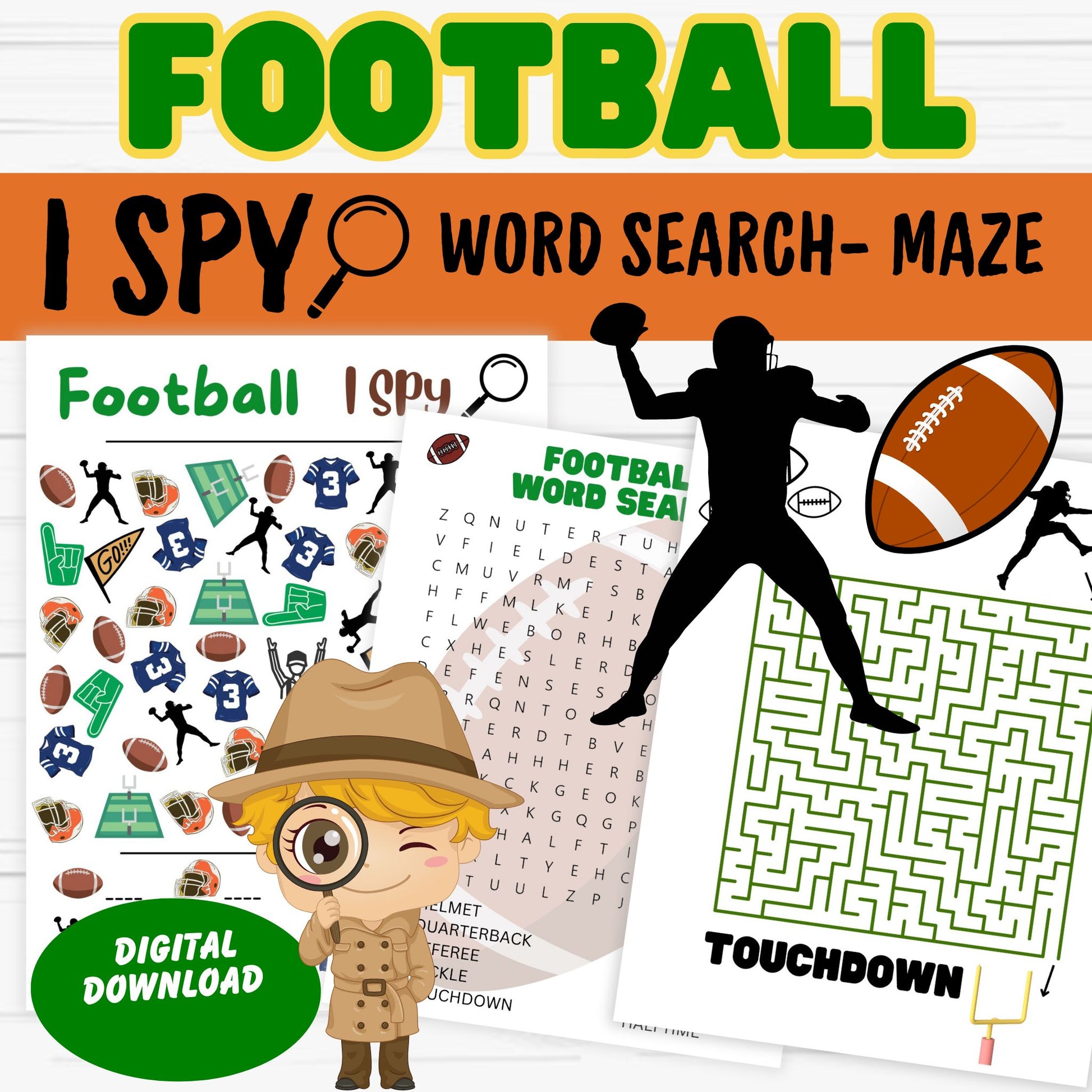 Football Activities Printable - Football Word Search - Football Maze  