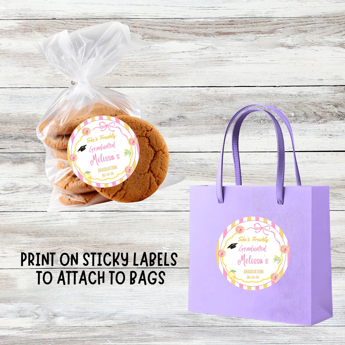 Editable pink and yellow graduation favor tag template shown on a cardstock sheet, ready for DIY printing