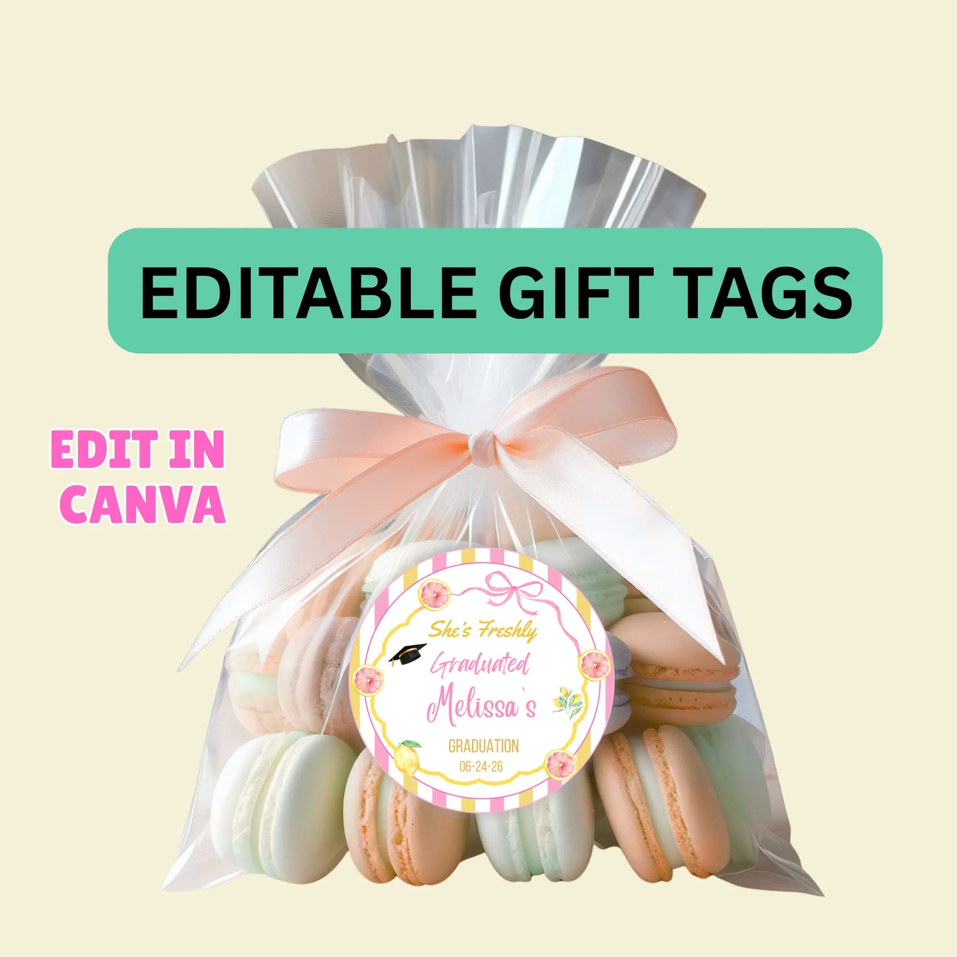 round editable graduation tag featuring a bright yellow background with pink yellow accents and a 'Class of 2026' heading