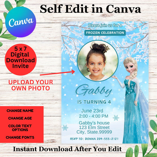 Frozen Elsa Birthday Invitation Template - Frozen Photo Invitation  Editable in Canva