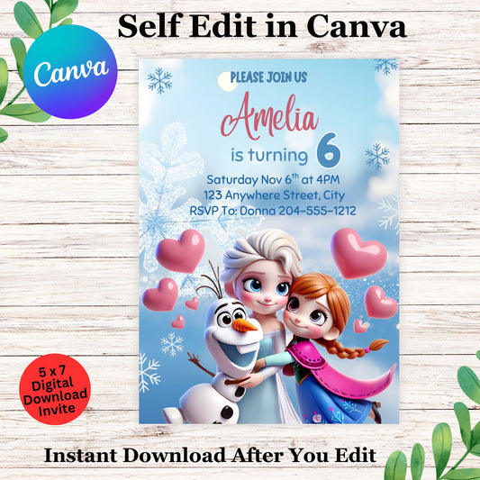 Invitation Editable Template | Canva Digital Download with Picture | Winter Princess Party Invite