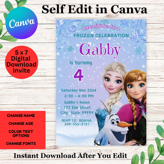 Frozen Birthday Invitation Template- Elsa and Anna Birthday Invitation Editable with Canva 