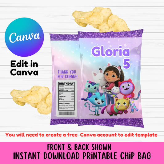 Gabby's Dollhouse Custom Chip Bag Template - Gabby Dollhouse Birthday Party Chip Bag Printable 