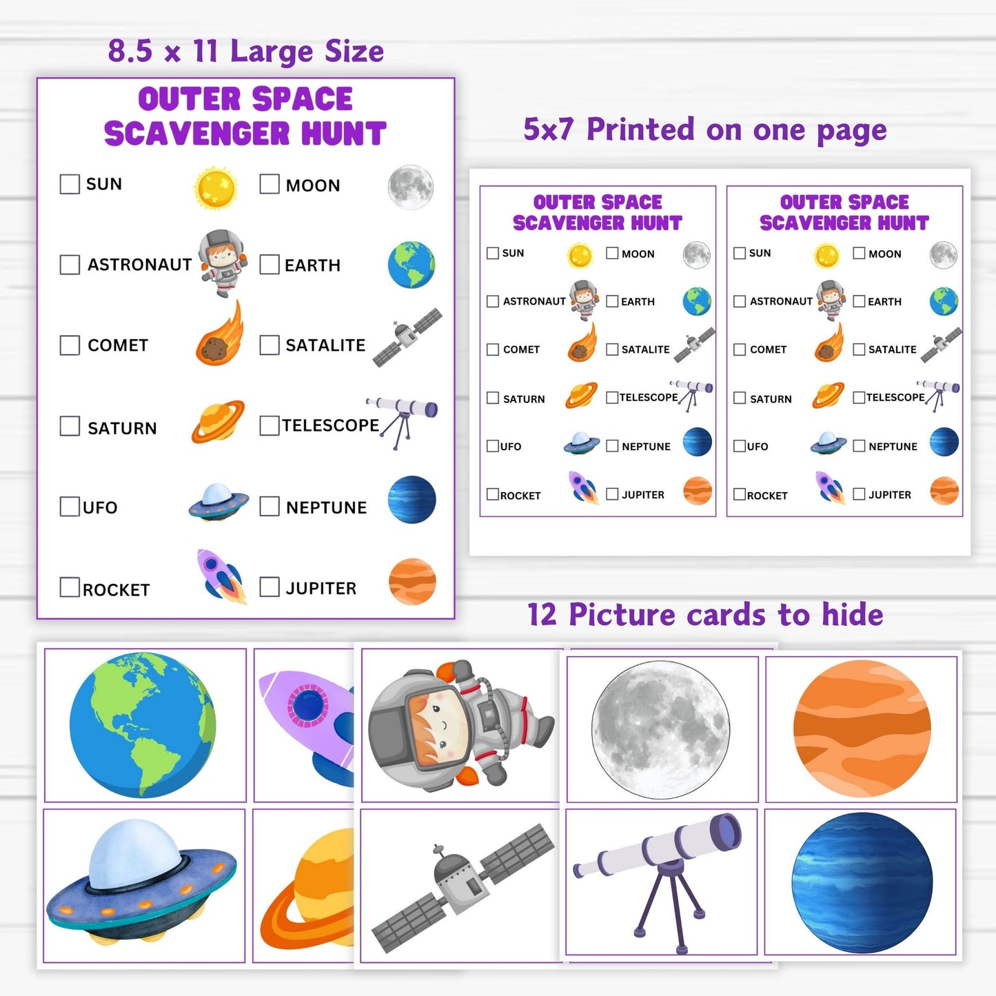 space theme scavenger hunt checklist worksheet"
"printable outer space party game clues" 