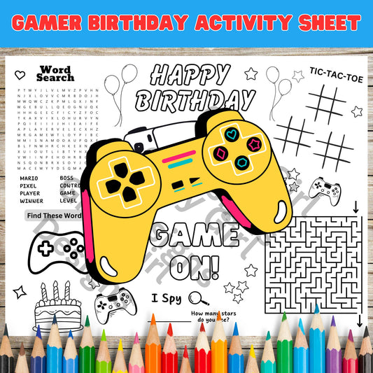 Gamer Birthday Coloring Activity Sheet - Gamer Maze and Word Search Printable