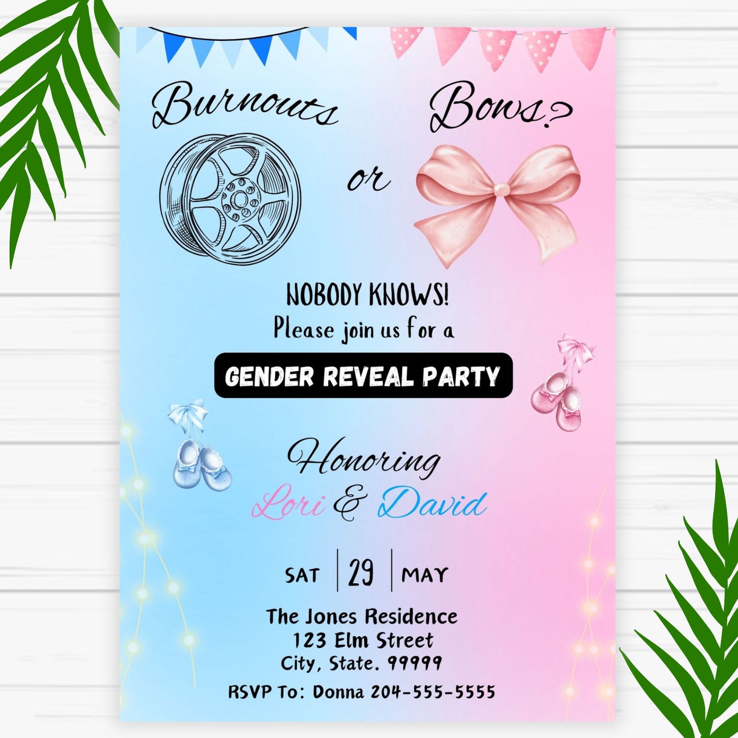 Burnouts or Bows Gender Reveal Invitation - Printable  