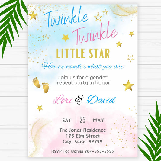 Twinkle Twinkle Little Star Gender Reveal Invitation- Printable 