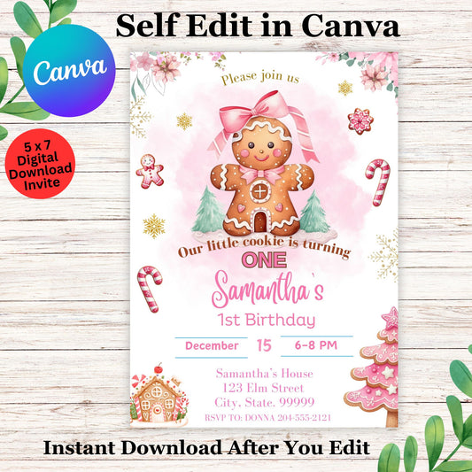 Little Cookie Girls Birthday Invitation Template- Gingerbread Cookie Birthday Party Invite Editable 