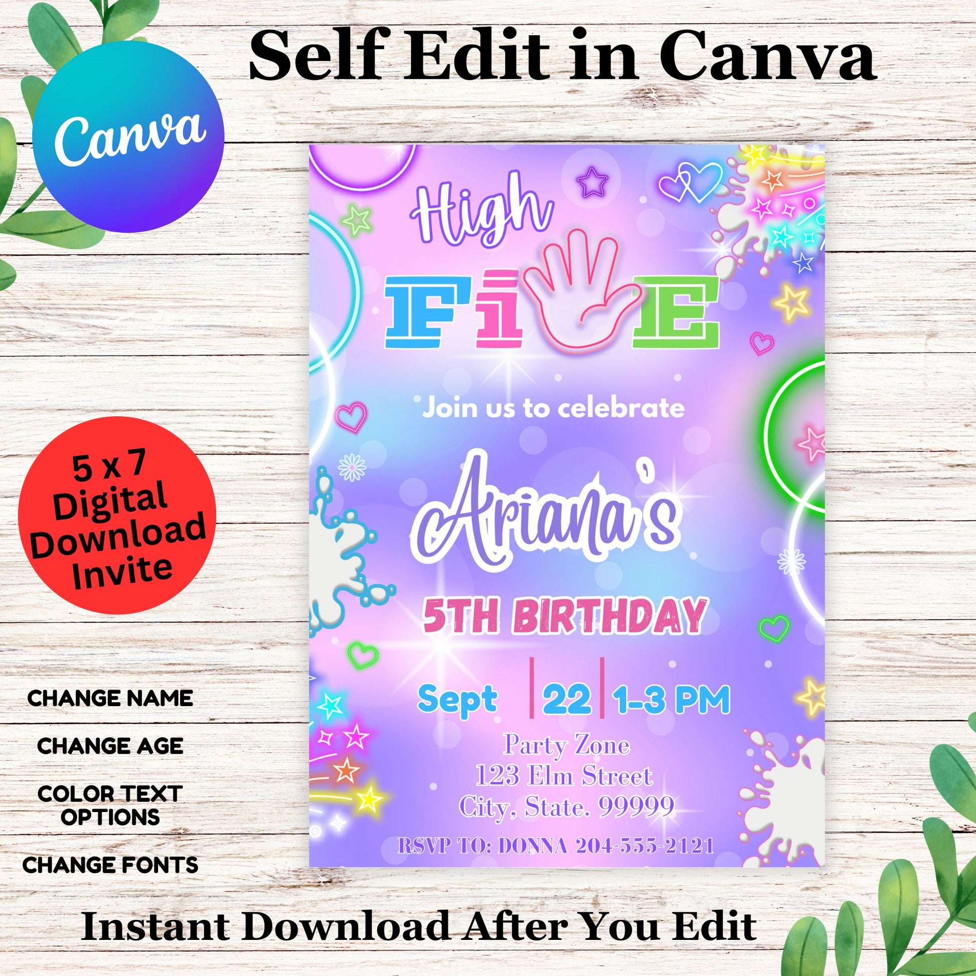 High 5 Birthday Invitation Template  for Girls - Printable High Five Birthday Invite Printable