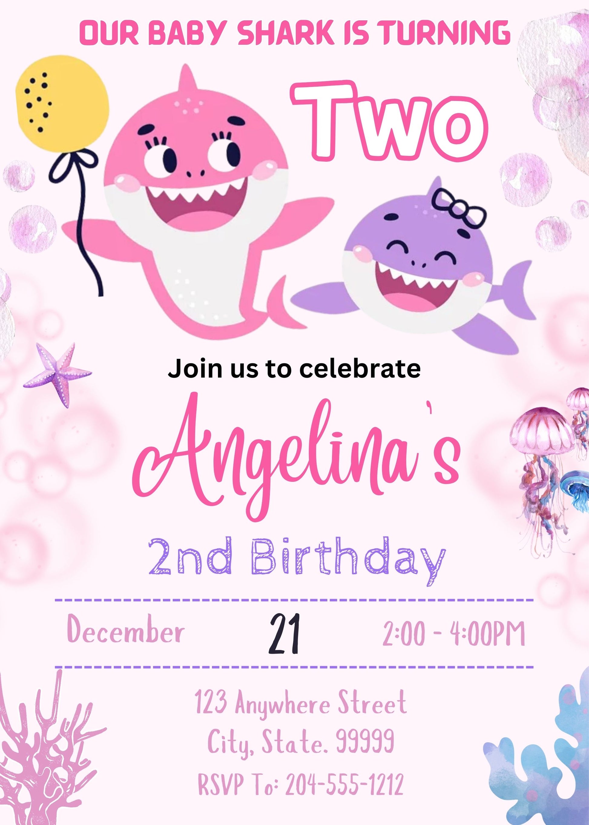 cute pink baby shark birthday party invite 