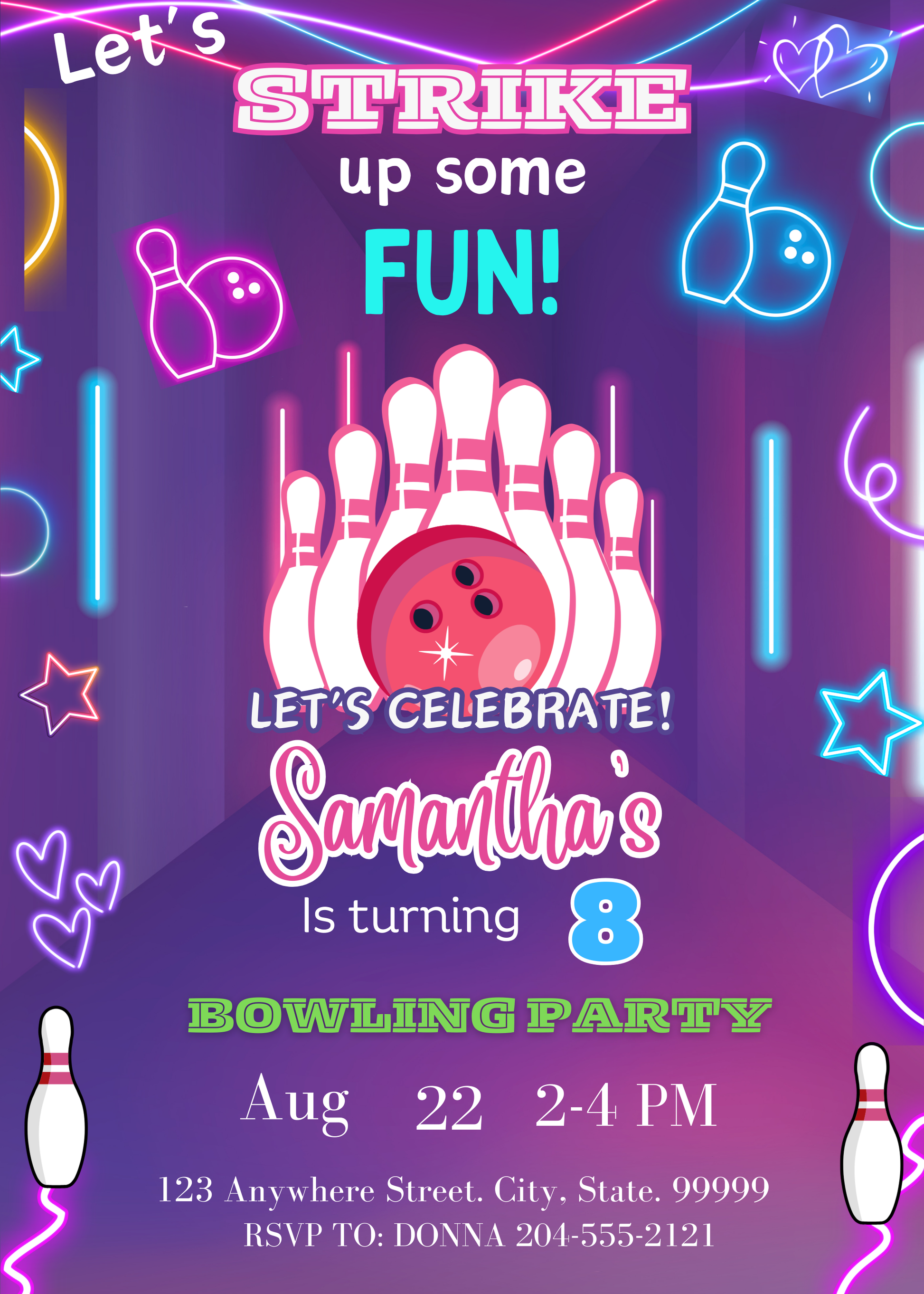 neon glow bowling party invite girl 