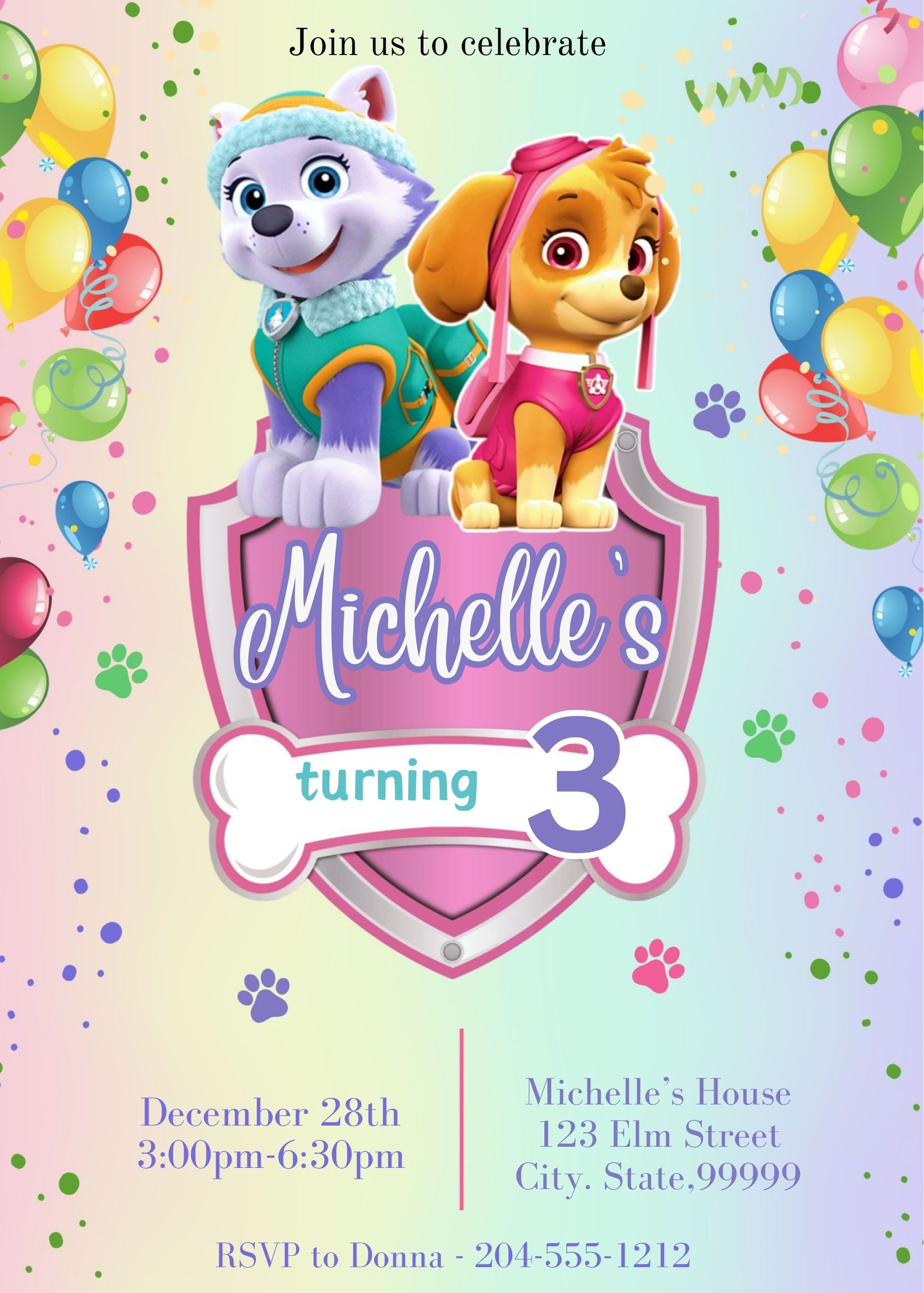 paw patrol everest and skye birthday invitation