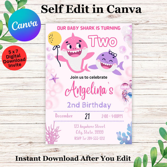 Girl Baby Shark Birthday Invitation Template - Printable Baby Shark Birthday Invite 