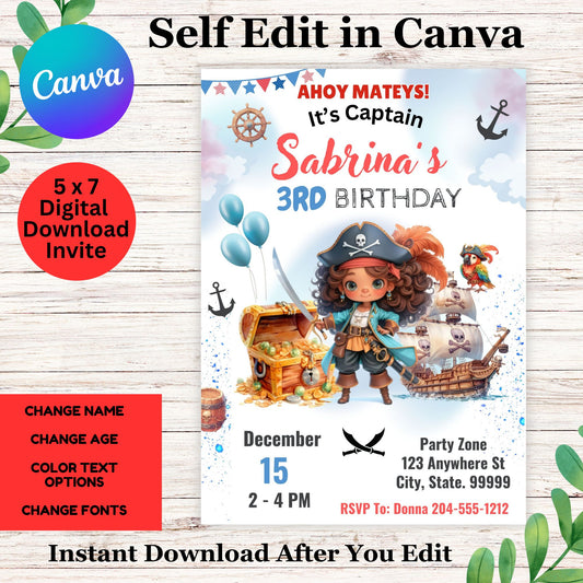 Pirate Birthday Party Invitation for Girl - Cute Pirate Invitation Template with Canva  