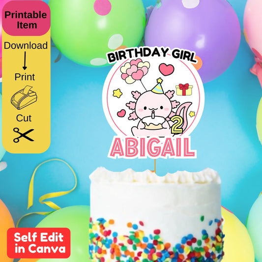 Printable pink axolotl cake topper template with "Happy Birthday" text on a white cake.