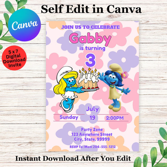 Smurfs Birthday Invitation Template - Editable Smurfette Girl Birthday Invitation In Canva 