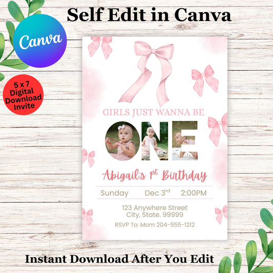 Girls Just Wanna Be One Birthday Invitation Template - Cute 1st Birthday Photo Invite 
