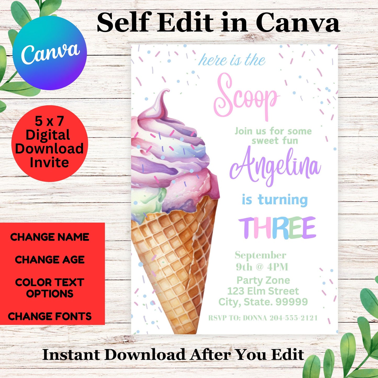 3 Scoops of Fun Birthday Invitation Girl - Printable 3rd Birthday Invite Ice Cream