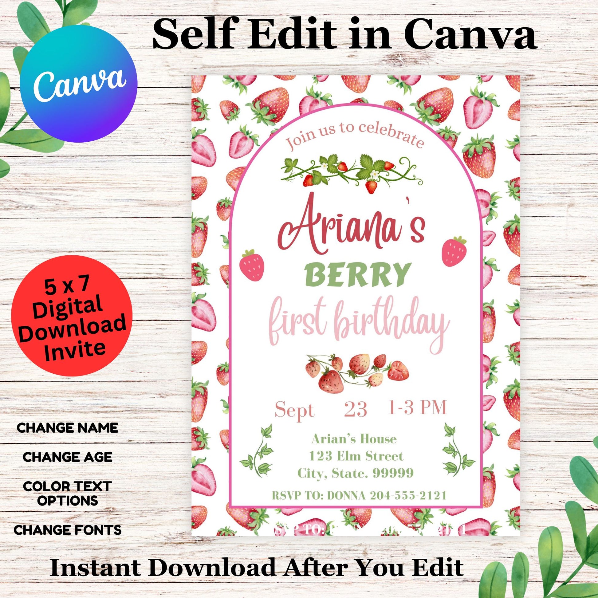 Berry First Birthday Invitation Template - Strawberry Birthday Invite Printable Edit in Canva 